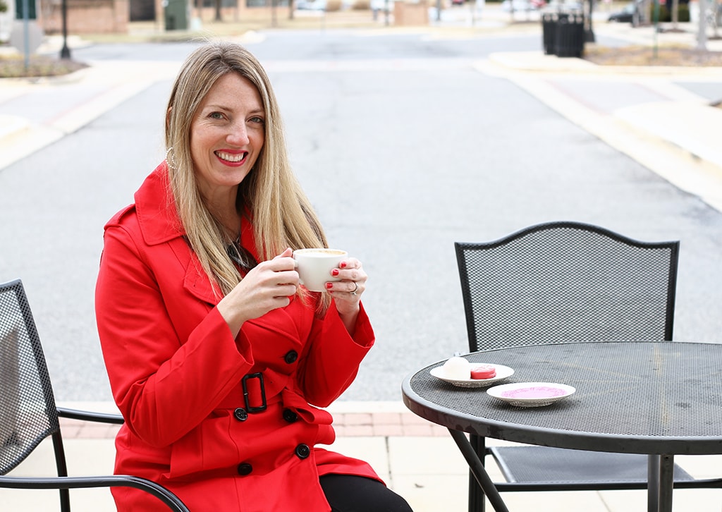 Red Trench Coat Sitting