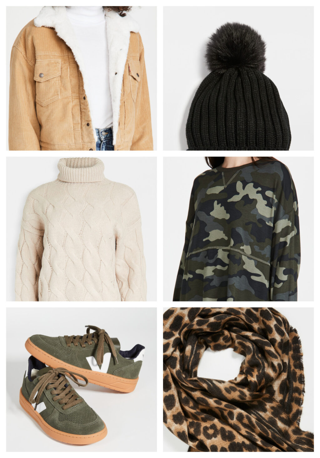tan sherpa jacket, black hat, ivory cable knit sweater, camo sweatshert, green veja sneakers, leopard scarf